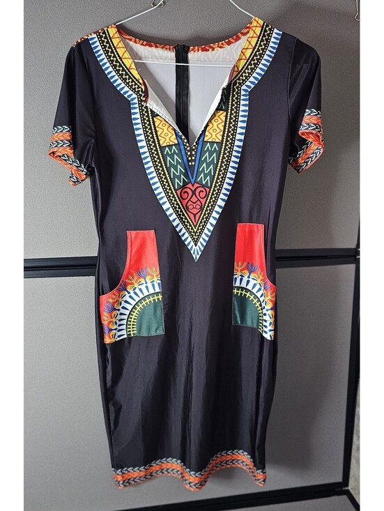 Dresses & Skirts - Women's Black and Multicolor Patterned  Dashiki print V-neck Dress Size XL